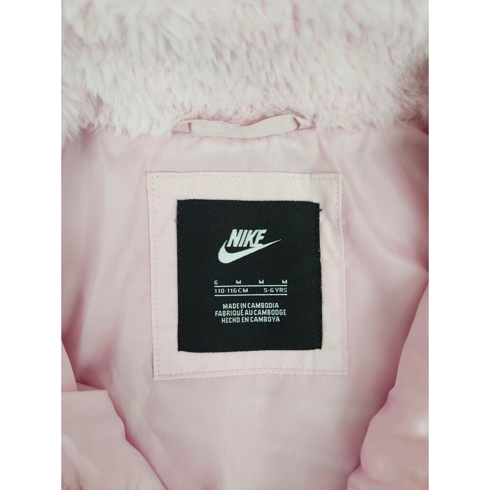 Nike Girls Faux Fur Fuzzy Swoosh Bomber Jacket Pink Size 5-6 Medium - Picture 7 of 8